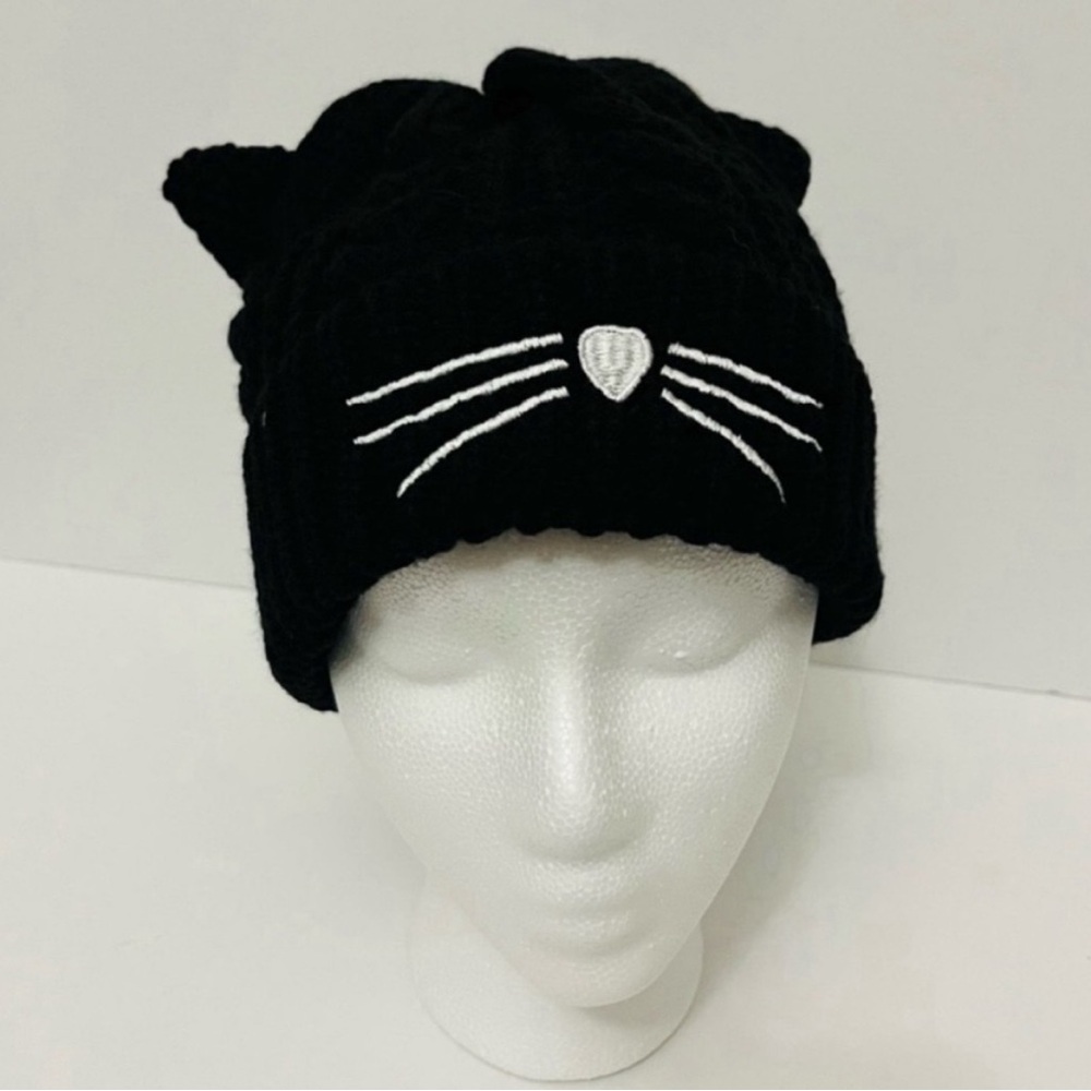 New Black Cat Embroidery Stretchy Knit Hat Beanie Cap Unisex One Size Fits Most - Picture 5 of 6